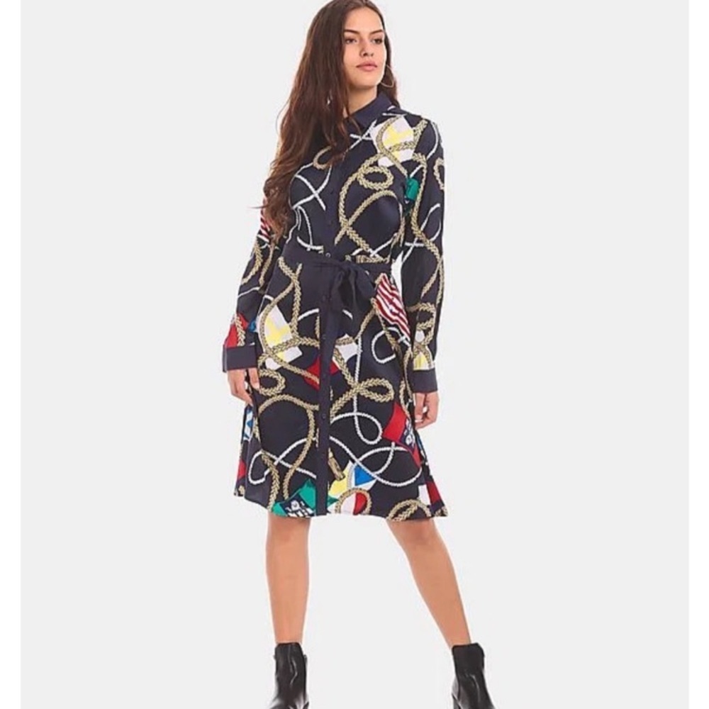 Tommy Hilfiger dress rope print satin buttons up dress  NWT navy classic elegant